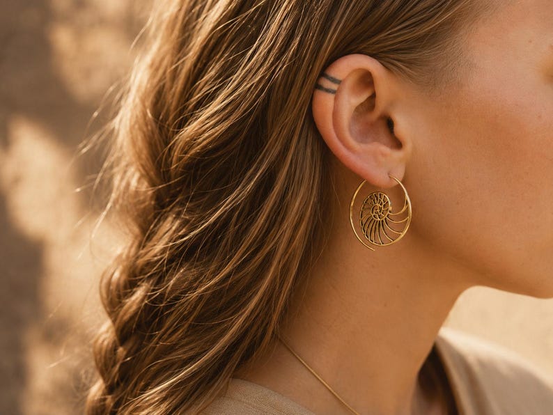 Nautilus Hoop Earrings • Ammonite Spiral Hoops • Brass or Silver Sacred Geometry Small BRASS
