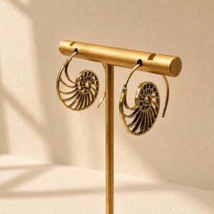 Nautilus Hoop Earrings • Ammonite Spiral Hoops • Brass or Silver Sacred Geometry image 16