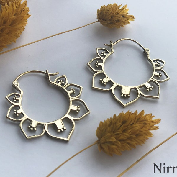 Handcrafted Elegant Lotus Petals Hoop Earrings - Dainty Flower Earrings in Brass and Silver