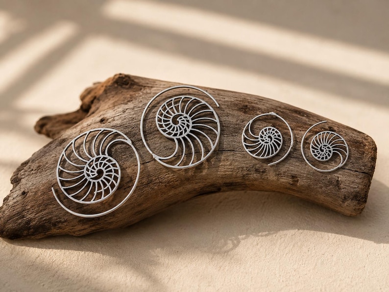 Nautilus Hoop Earrings • Ammonite Spiral Hoops • Brass or Silver Sacred Geometry image 7
