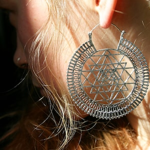 Silver Large Mandala Hoops SRI YANTRA Yoga Earrings Sacred Geometry Goddess Silver Hoops Giant Hoops Statement Hoop Earrings Silver XL