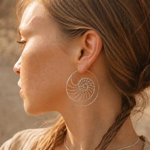 Nautilus Hoop Earrings • Ammonite Spiral Hoops • Brass or Silver Sacred Geometry Medium SILVER