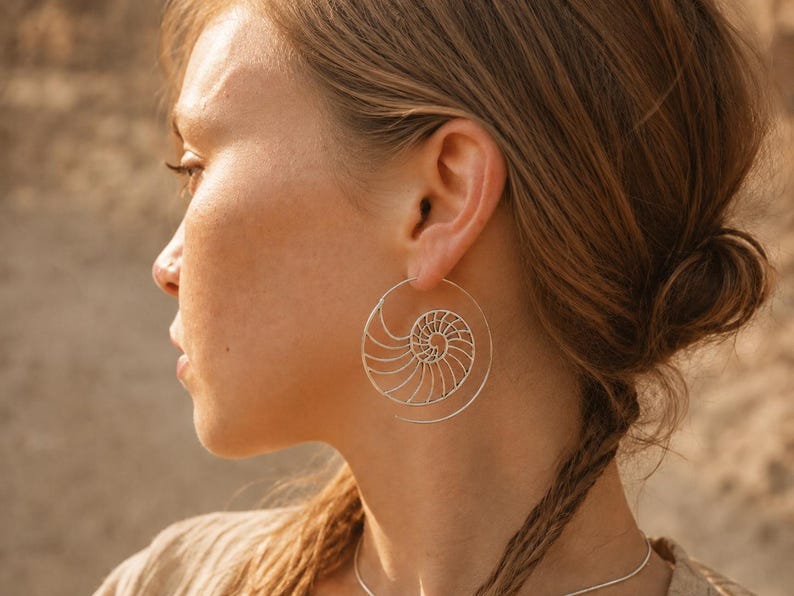 Nautilus Hoop Earrings • Ammonite Spiral Hoops • Brass or Silver Sacred Geometry Medium SILVER