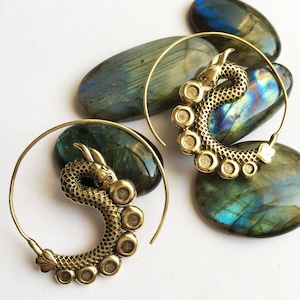 Brass Dragon Earrings, Mythical Hoop Earrings, Mythological Earrings, Boho Dragon Earrings, Dragon Jewelry, Dragon Hoop Earrings, Mystical