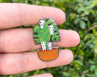 Cute Plant Friends Pin | Hard Enamel Kodama Pin | Monstera Plant Pin | Gift For Plant Lover