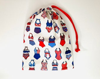 Waterproof bag for wet swimsuits in coated cotton fabric with 50s swimsuit patterns Blue/red