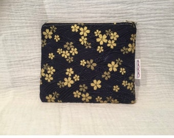 Petite trousse à maquillage en tissu Japonais bleu marine fleurs dorées