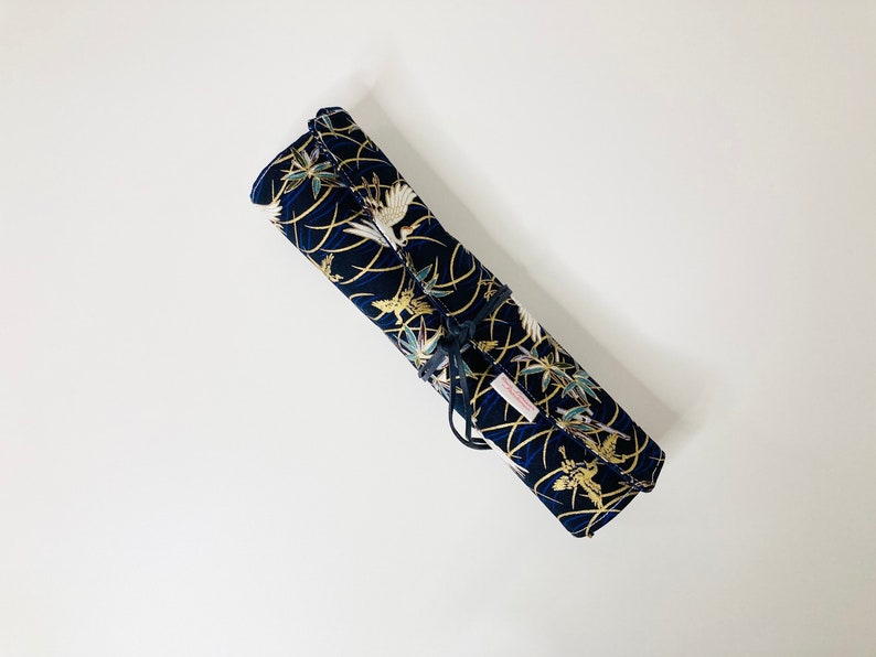 Makeup or paint brush kit in navy blue Japanese fabrics with Japanese crane patterns and matching navy blue cotton fabrics. image 1