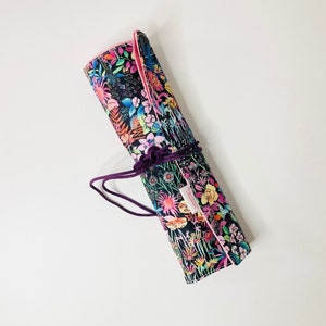 Makeup or paint brush case in floral fabrics like in a Monet painting, interior in matching pink cotton fabric. image 1