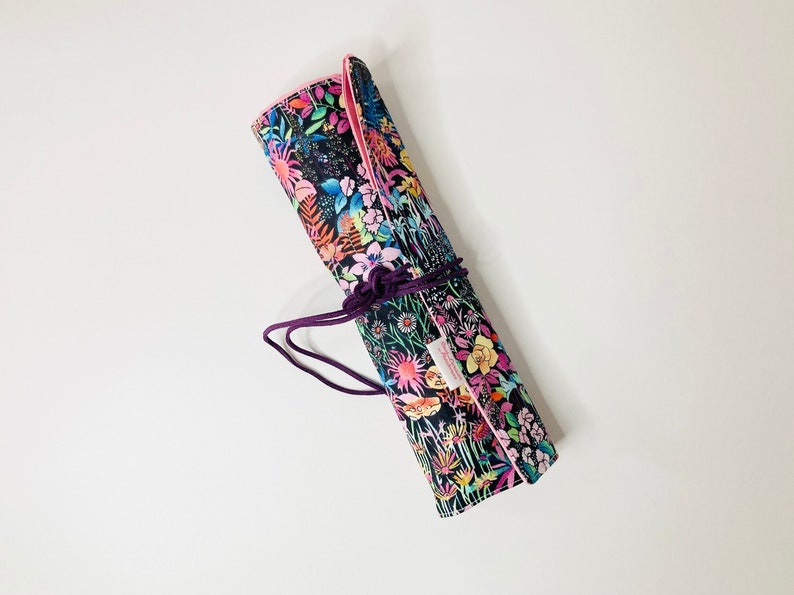 Makeup or paint brush case in floral fabrics like in a Monet painting, interior in matching pink cotton fabric. image 1