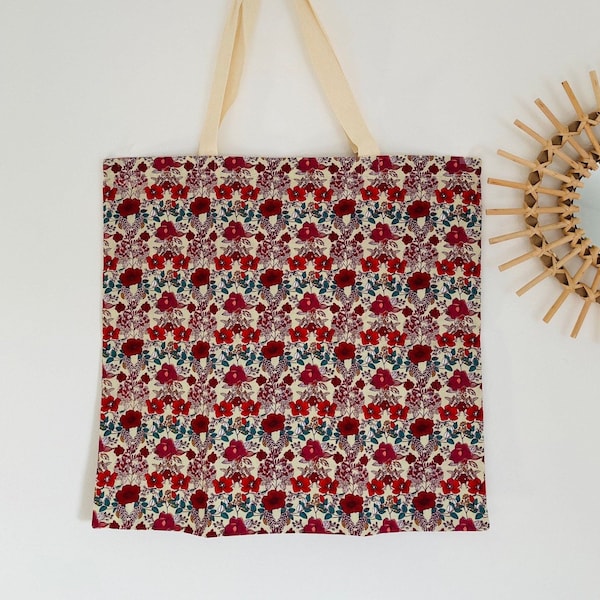 Tote bag en tissu coton imprime à fleurs rouges