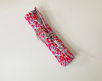 Makeup or paint brush case, in liberty pink fabric and pearl gray linen.