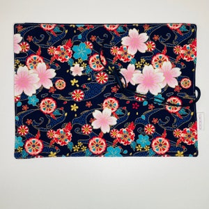 Makeup or paint brush kit in navy blue Japanese fabrics with flowers and matching navy blue cotton fabrics. image 4