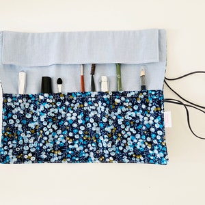 Make-up or paint brush case, in Liberty Celadon blue fabrics and sky blue linen image 4