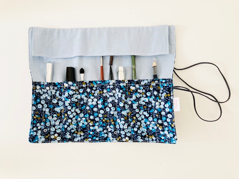 Make-up or paint brush case, in Liberty Celadon blue fabrics and sky blue linen image 4