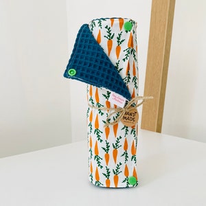Washable cotton fabric paper towel roll with dark green carrot and honeycomb pattern