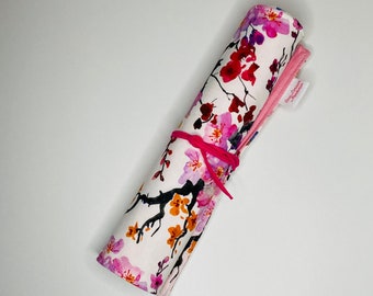 Makeup or paint brush case in Japanese cotton fabric with flower and bird patterns, interior in pink cotton fabric