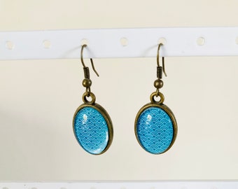 Metal earrings with Japanese blue wave patterns