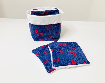 Basket of 8 makeup remover wipes in blue cotton fabric with red dragonfly patterns and white oeko tex organic bamboo sponge.