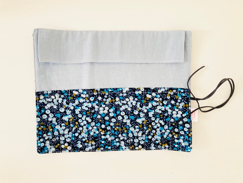 Make-up or paint brush case, in Liberty Celadon blue fabrics and sky blue linen image 2