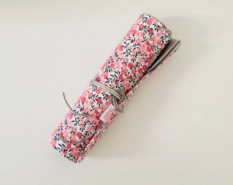 Makeup or paint brush case, in liberty pink fabric and pearl gray linen.