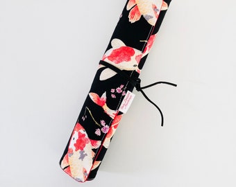 Brush case in black cotton fabric and red interior koi carp