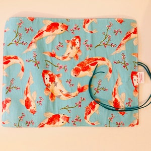 Brush case in sky blue koi carp cotton fabric, interior in sky blue linen. image 5