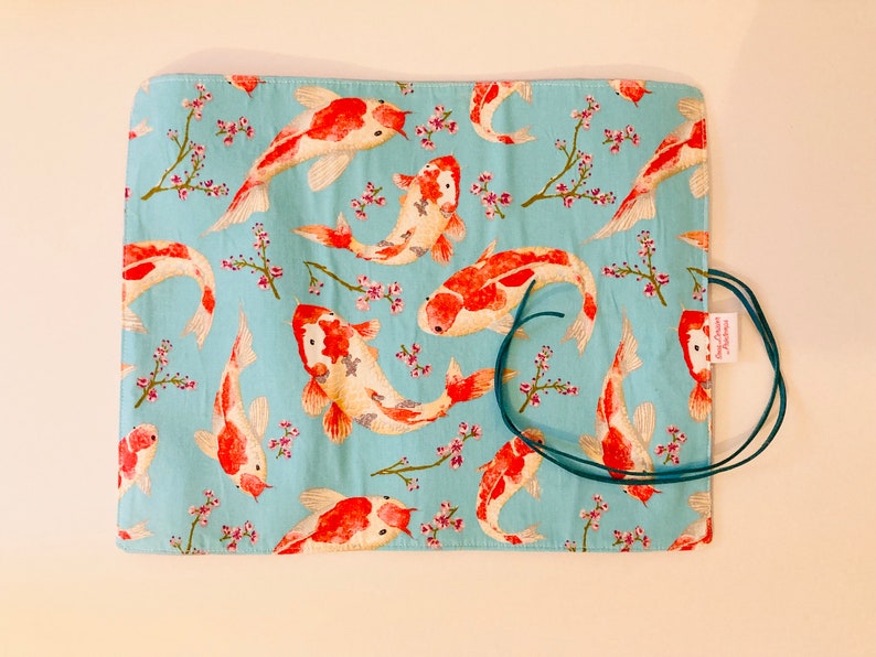 Brush case in sky blue koi carp cotton fabric, interior in sky blue linen. image 5