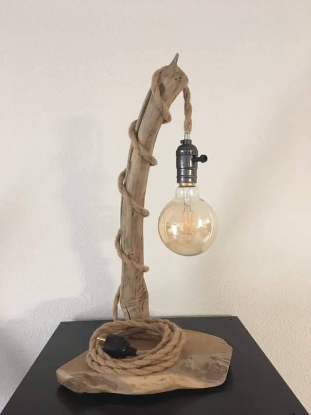 Lampe en Bois Flotté, Ampoule Filament, H 50 cm