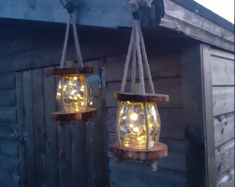 Hanging lantern firefly natural materials Solar powered rustic handmade