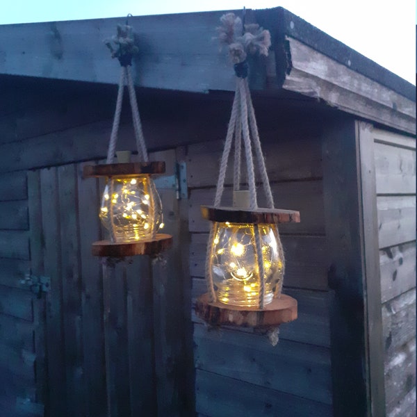 Hanging lantern firefly natural materials Solar powered rustic handmade