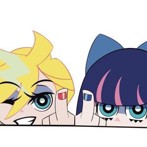 May include: Cartoon illustration of two anime-style characters peeking over a white surface. One has yellow hair with a lightning bolt design, the other has dark blue hair with a bow. Both are giving the middle finger.