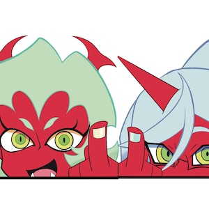 May include: Cartoon image featuring two characters with red skin, green hair, and horns. One character is smiling and giving the middle finger. The other character is wearing glasses and also giving the middle finger. The background is white.