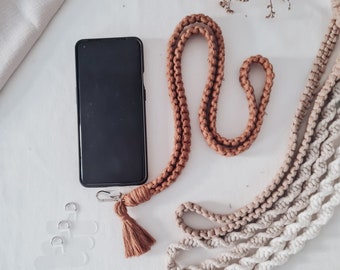 Crossbody Macrame Phone Case Chain with Universal Adapter, Handmade Macrame Boho Phone Strap, Minimalistic Lanyard Chain with tassel