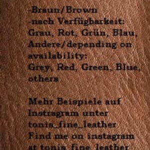 May include: Close-up of brown leather texture with text in German and English. The text lists color options: Grey, Red, Green, and Blue. Additional text directs viewers to Instagram for more examples.