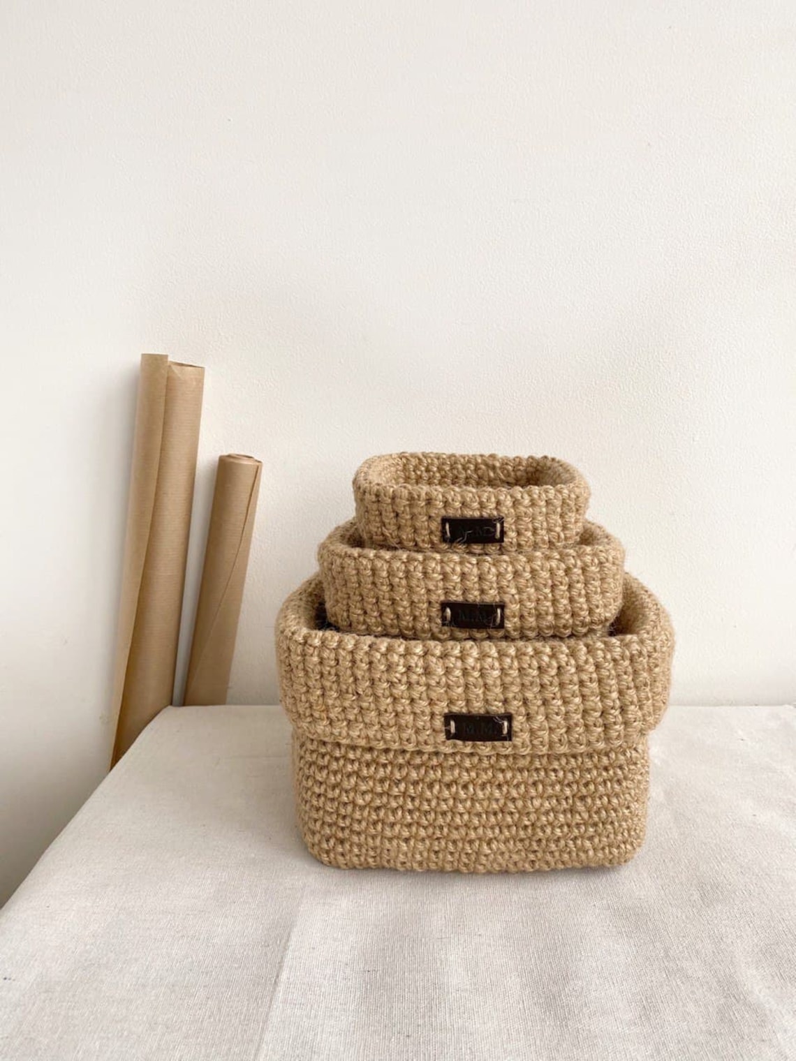 Jute baskets. Square jute baskets. Knitted baskets for Etsy