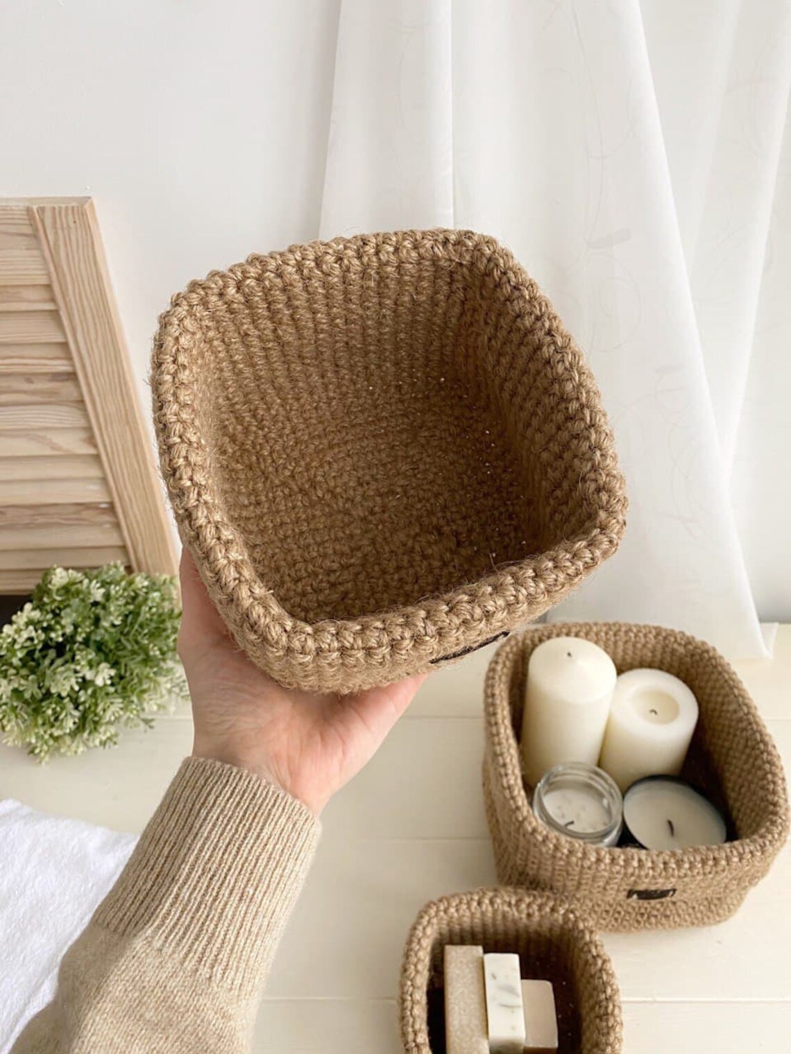 Jute baskets. Square jute baskets. Knitted baskets for Etsy