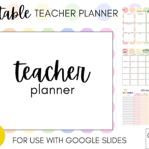 May include: Editable teacher planner template for Google Slides. The cover features a colorful polka dot pattern and the text "teacher planner". The planner includes sections for year at a glance, weekly lesson plans, and attendance.