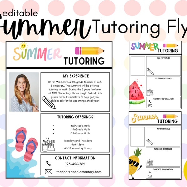 Flyer de cours particuliers d'été modifiable à utiliser avec Google Slides - Facile d'accès - Facile à modifier - Enseignants - Enseignants - Amusant - Coloré