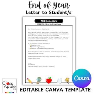 Carta de fin de año editable del profesor a los alumnos / Carta de despedida imprimible / Nota de último día de clases para niños - Plantilla CANVA
