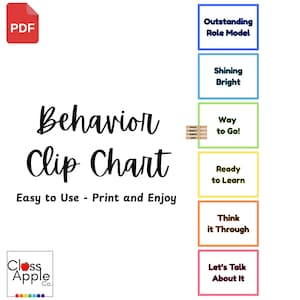 May include: A white background features a "Behavior Clip Chart" with text and colorful boxes. The chart includes phrases like "Outstanding Role Model" and "Let's Talk About It." A red PDF icon is in the upper left corner.