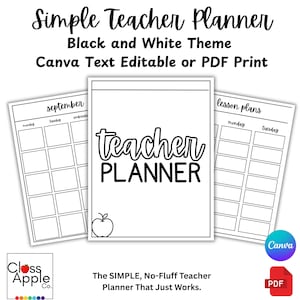 Könnte beinhalten: Ein schwarz-weißer Lehrerplaner mit dem Text "Simple Teacher Planner" und "Black and White Theme". Der Planer enthält Seiten für Unterrichtspläne und einen Kalender für September. Der Text "teacher PLANNER" ist prominent dargestellt.