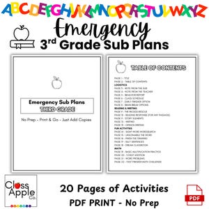 May include: A printable PDF for 3rd grade emergency sub plans. The document includes 20 pages of activities, including reading, writing, and math exercises. The cover features the title "Emergency Sub Plans" and the words "No Prep - Print & Go - Just Add Copies."