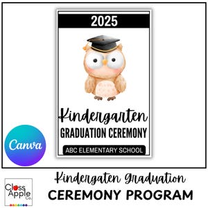 Op de afbeelding: Een afdrukbare sjabloon voor een afstudeerceremonieprogramma met een cartoon-uil die een afstudeerpet draagt. De tekst luidt "Kindergarten Graduation Ceremony 2025" en "ABC Elementary School".
