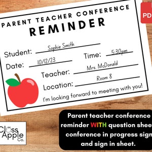 Parent-Teacher Conference Reminders, Question Sheet, In-Progress Sign and Sign-In Sheets - PDF Download and Printable - Elementary School