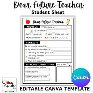 Carta imprimible para futuros maestros / Carta de fin de año para estudiantes / Plantilla editable de Canva / Actividad para el último día de clases / Página de reflexión para estudiantes