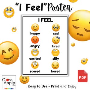 Può includere: Un poster bianco con la scritta "I Feel" e faccine emoji che rappresentano diverse emozioni. Il poster include parole come "felice", "triste", "arrabbiato" ed "eccitato". Sono visibili anche le parole "Easy to Use - Print and Enjoy".