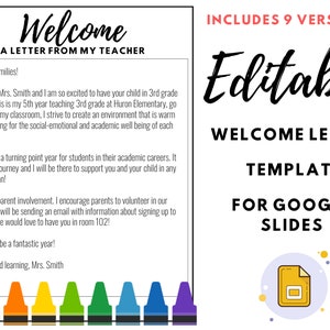 Plantilla de carta de bienvenida editable - Regreso a clases - Presentaciones de Google - Maestro - Escuela primaria - Colorido - Agosto/Septiembre