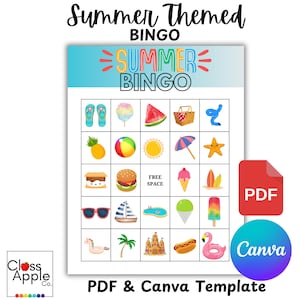 Summer Bingo Game | Printable + Editable Canva Template | End of Year Classroom Activity | 5 Bingo Cards + Tent Card | PDF Download