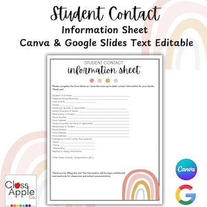 Può includere: Un foglio informativo di contatto per studenti stampabile con il testo "Student Contact Information Sheet Canva & Google Slides Text Editable". Il modulo include campi per i dettagli dello studente e dei genitori, con un arcobaleno.